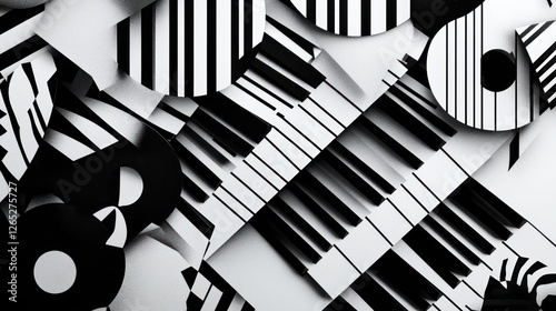 Abstract piano keys, discs, studio background, music design