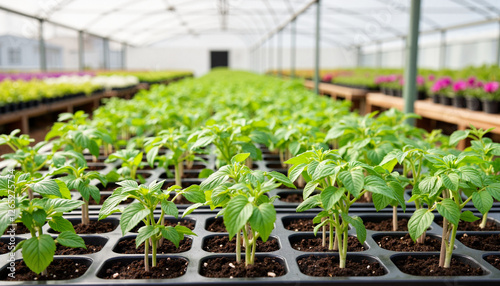 Greenhouse seedlings growing in organized rows under bright light