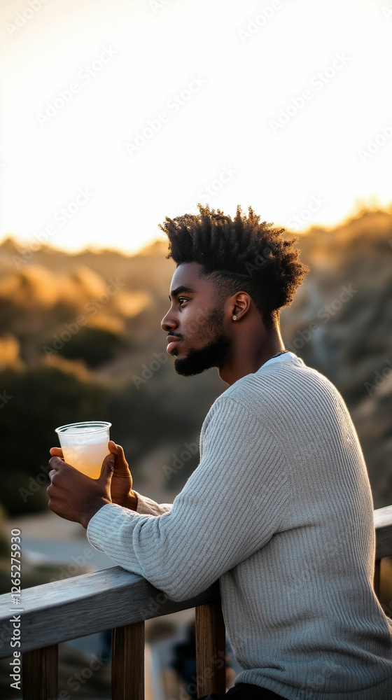 Fototapeta premium Person enjoying a drink while watching the sunset over a scenic landscape.