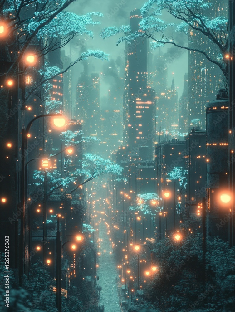 Obraz premium Enchanting futuristic city street, glowing trees, soft light