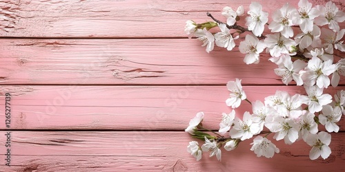 Delicate white cherry blossoms arranged symmetrically on a soft pink wooden background create a serene and elegant springtime scene, perfect for greeting cards