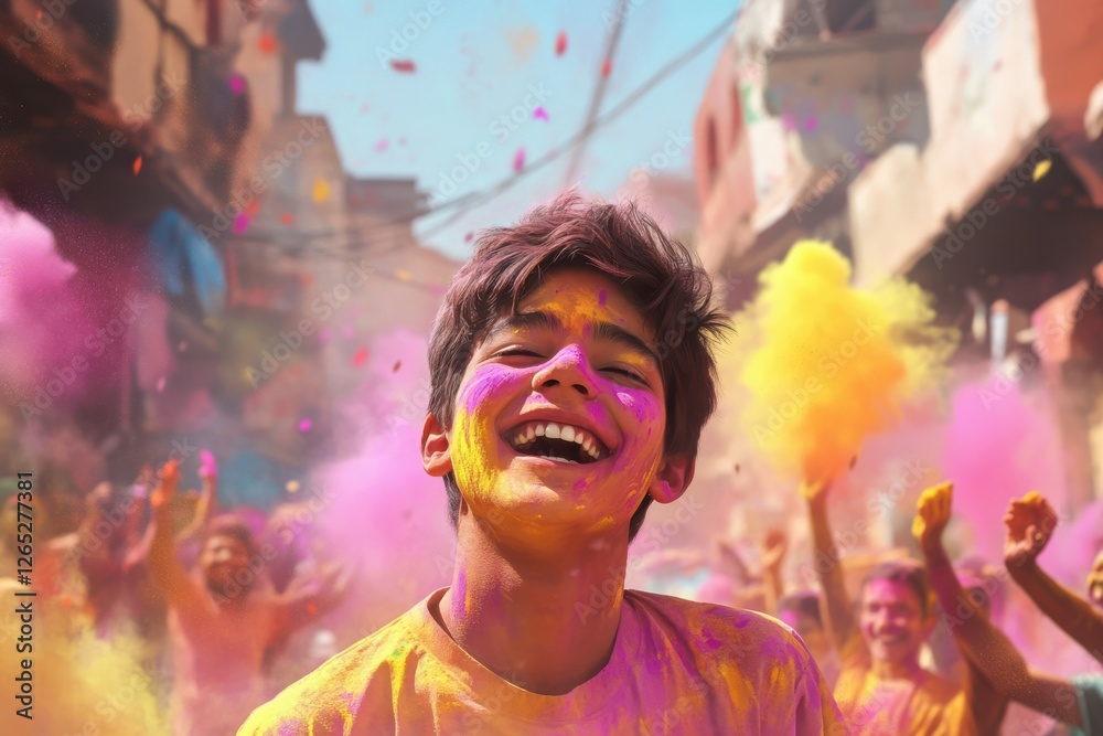 Obraz premium Happy Holi Rangpanchami celebration background, a teenager with colorful powder smeared on his cheeks, grinning mischievously while the crowd behind him throws clouds of gulal 