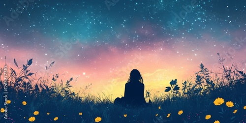 Silhouette of a woman gazing at a colorful starry night sky