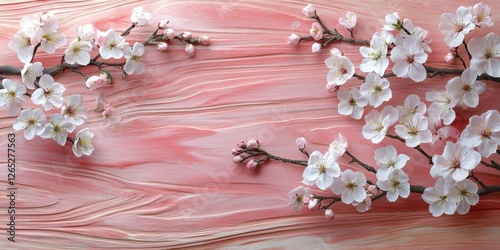 Delicate white cherry blossoms arranged symmetrically on a soft pink wooden background create a serene and elegant springtime scene, perfect for greeting cards
