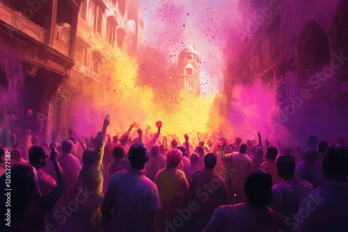 Happy Holi Rangpanchami celebration background, a vibrant crowd throwing bright gulal powder in the air, with joyous faces smeared in vivid colors, set in a festive open street. 
