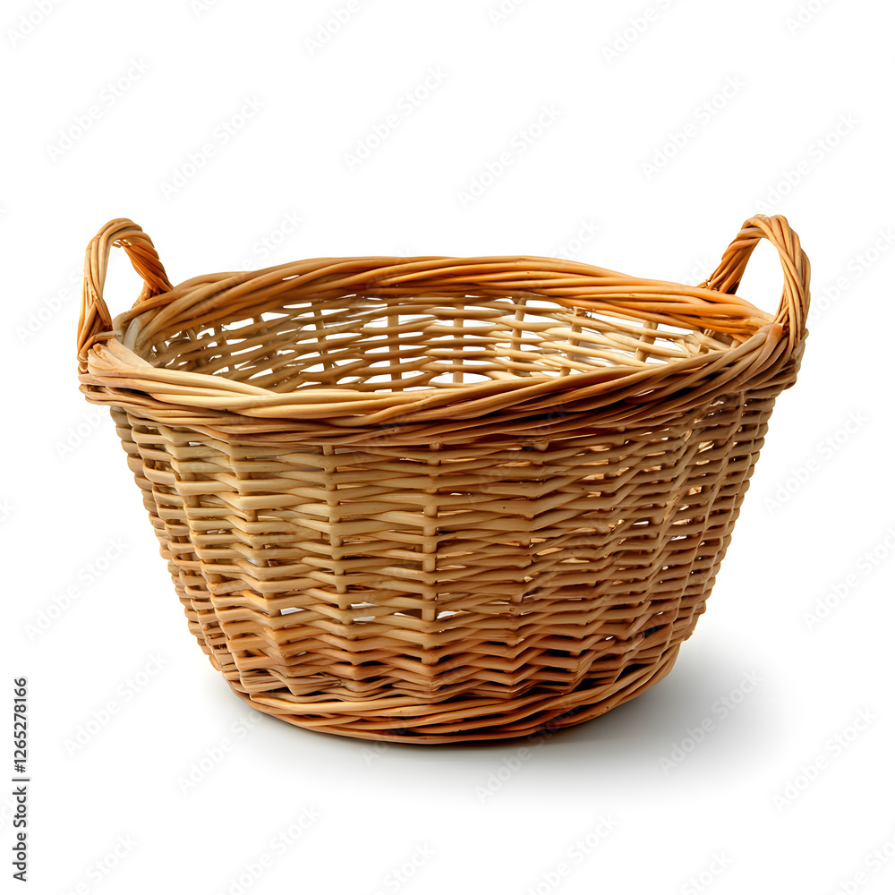 A large wicker basket with two handles, placed on a white background. A large wicker basket with two handles, placed on a white background.