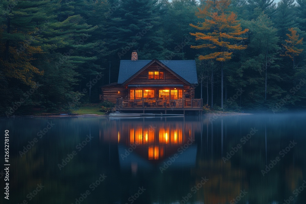 Tranquil lake house with warm lights reflecting on water at dusk Tranquil lake house with warm lights reflecting on water at dusk