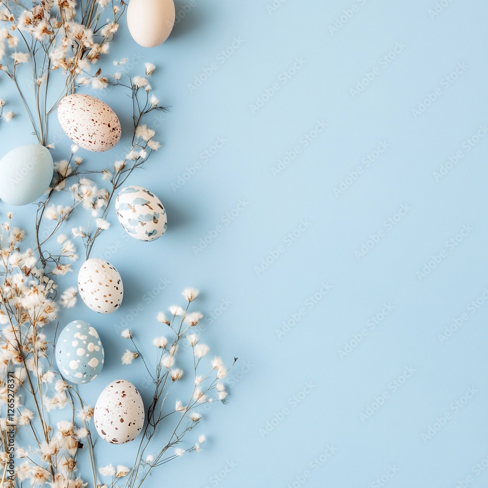 Fototapeta premium Pastel Blue Background with Hand-Painted Easter Eggs – Festive Spring Design