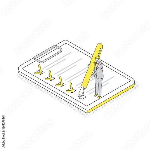 タスク管理をしている男性のアイソメトリックイラスト