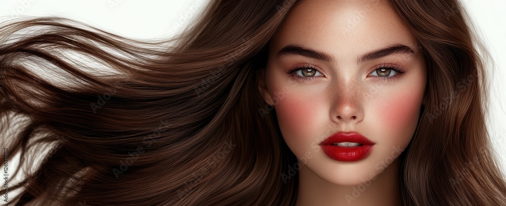 Fototapeta premium Woman with flowing brown hair and striking red lips showcases beauty and confidence in a soft, neutral backdrop