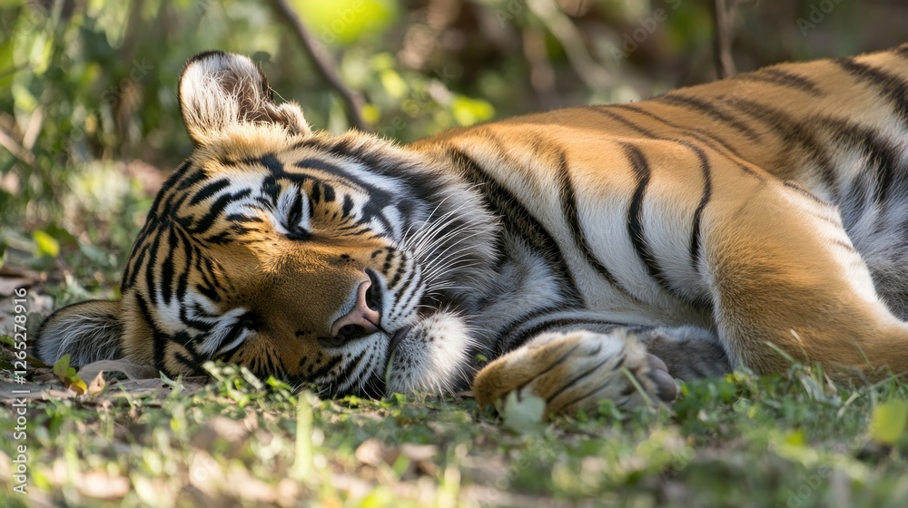 Fototapeta premium Tiger sleeping forest dappled sunlight wildlife