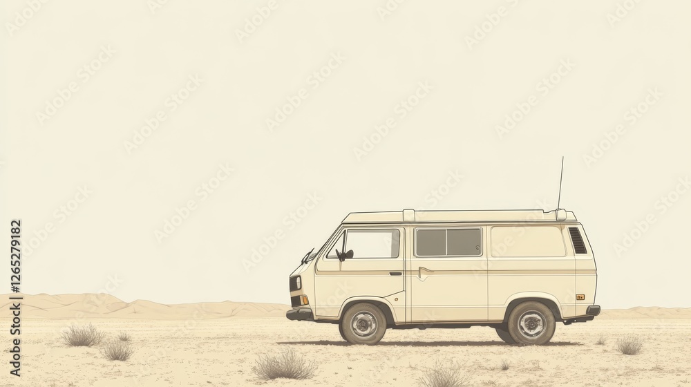Obraz premium Beige Campervan in Empty Desert Landscape; Stock Photo