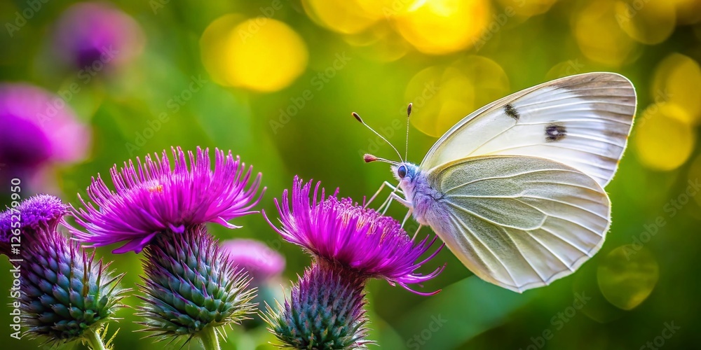 White Butterfly on Purple Thistle, Canberra Botanical Garden - Stock Photo White Butterfly on Purple Thistle, Canberra Botanical Garden - Stock Photo