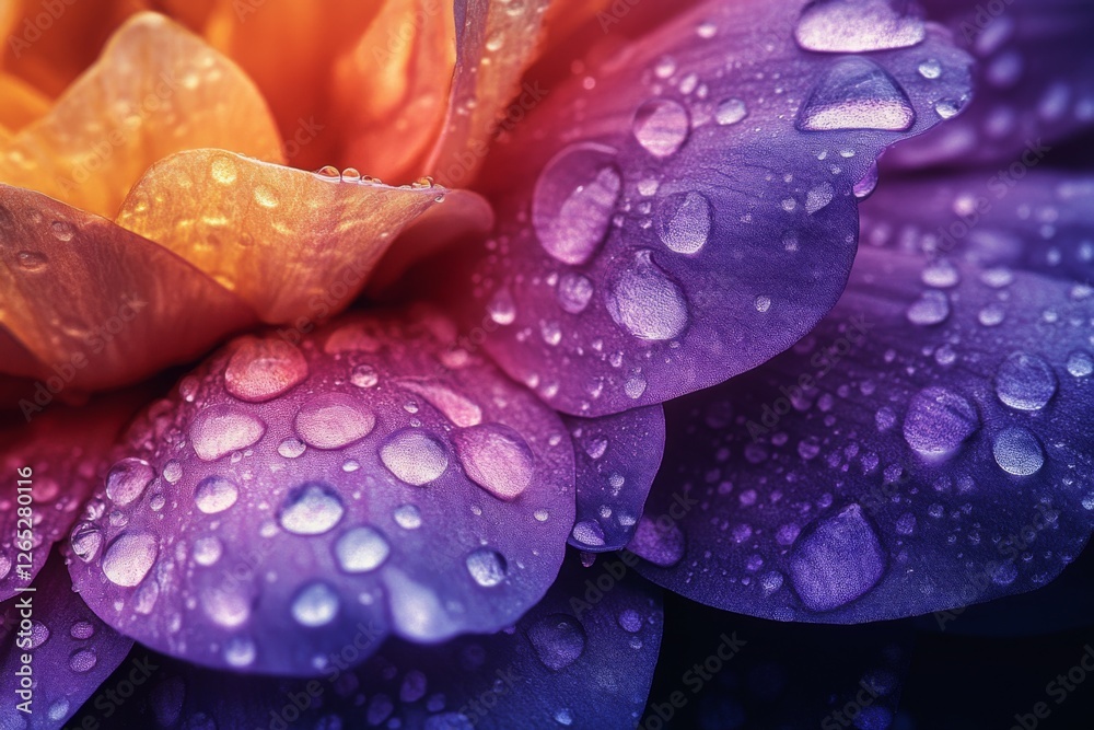 Closeup of vibrant multicolored flower petals with dewdrops Closeup of vibrant multicolored flower petals with dewdrops