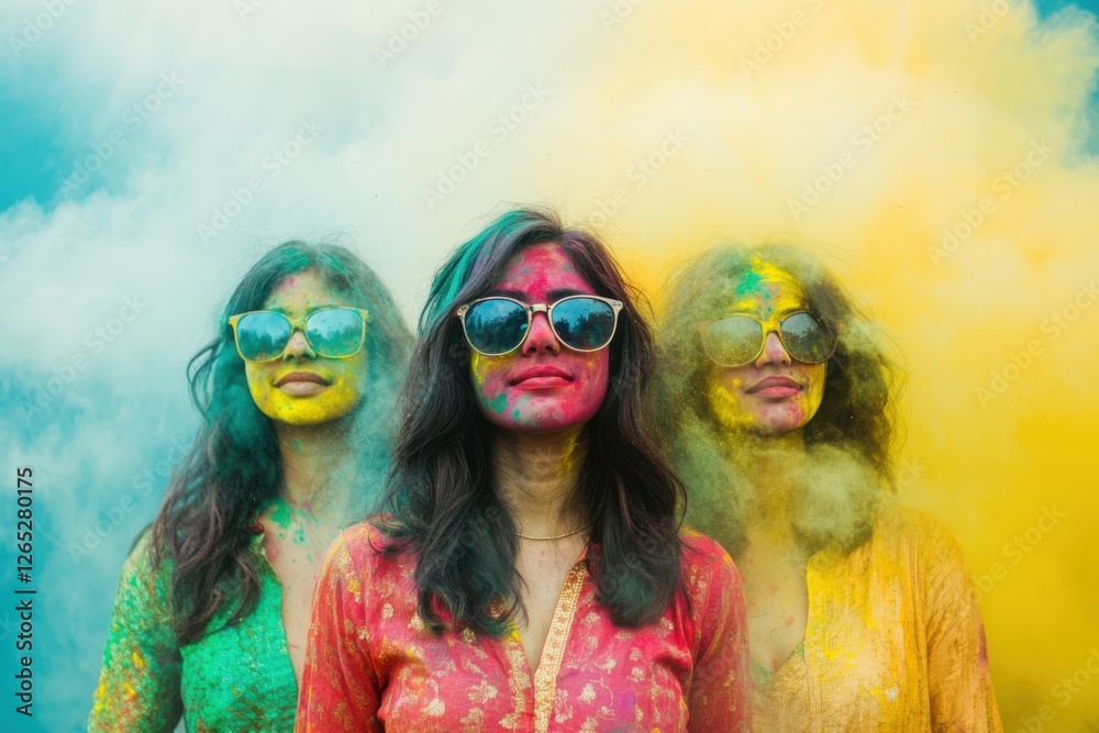 Holi Rangpanchmi Portrait of 3 friends, each wearing bright colored kurtas in red, green, and yellow, with sunglasses and faces covered in gulal. The background has a combination of blue Holi Rangpanchmi Portrait of 3 friends, each wearing bright colored kurtas in red, green, and yellow, with sunglasses and faces covered in gulal. The background has a combination of blue