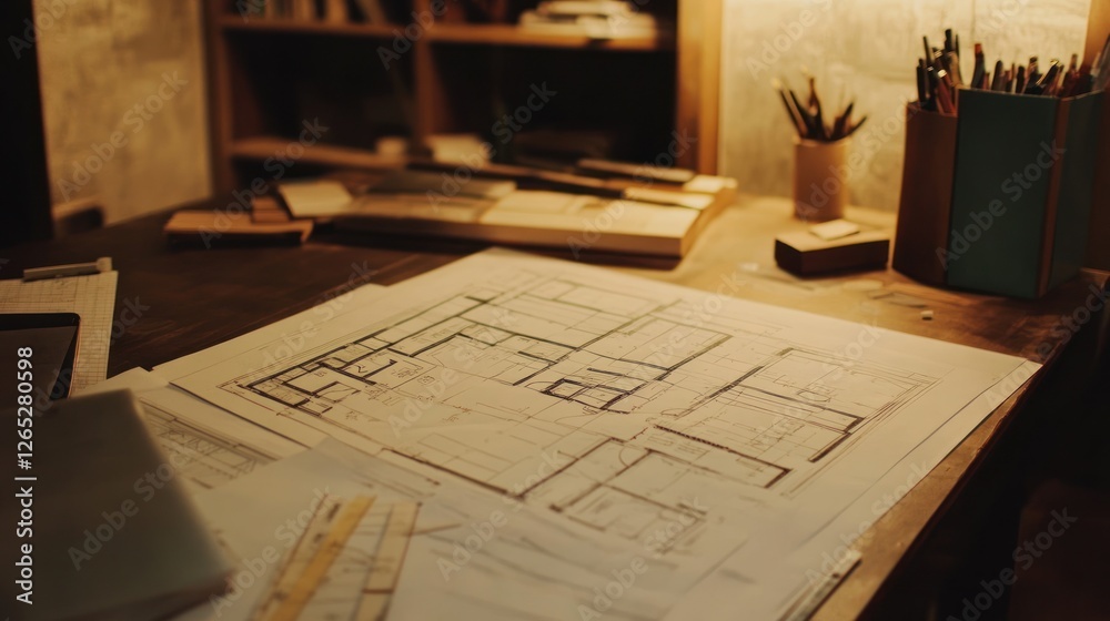Fototapeta premium Architect's Night Plans, Home Office, Design