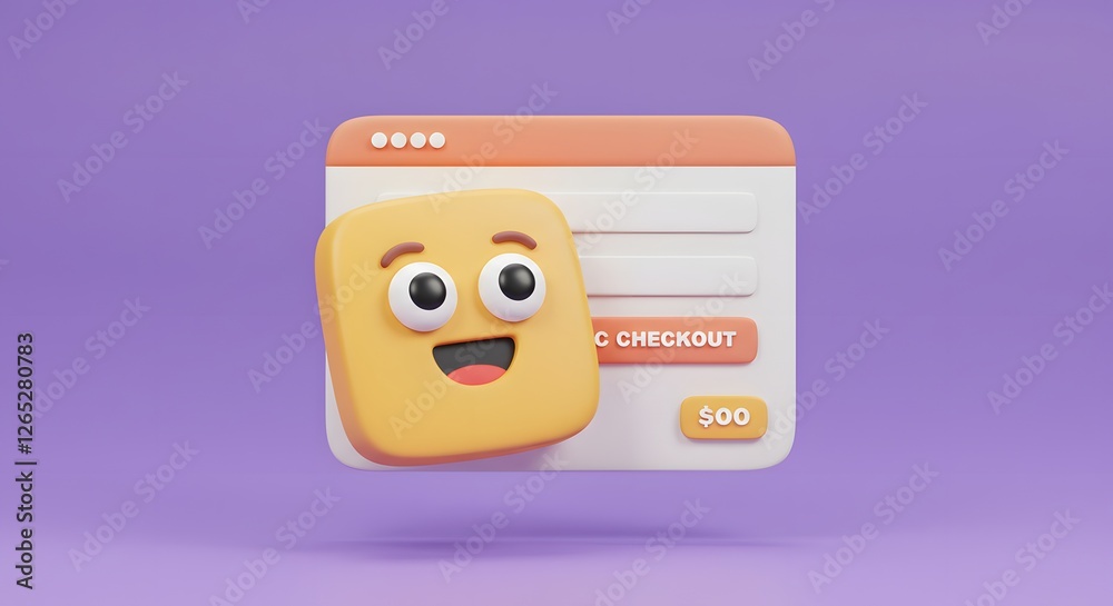 Happy Face Cartoon with Online Checkout Webpage on Purple Background Happy Face Cartoon with Online Checkout Webpage on Purple Background