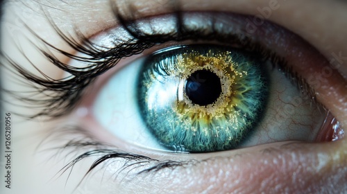 Close-up eye, green iris, macro shot, blurred background, medical