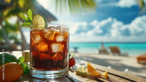 Refreshing Tropical Drink on a Beach Paradise with Turquoise Water Views