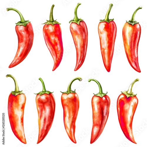 Red chili peppers collection vibrant vector illustration. Red pappers isolated on white background. Watercolor style hot spices with green stems.