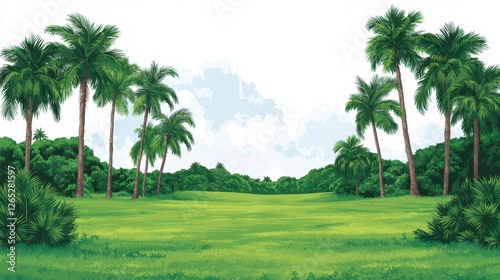 Wallpaper Mural A serene landscape featuring lush green grass and tall palm trees under a bright sky, creating a tranquil and inviting atmosphere. Torontodigital.ca