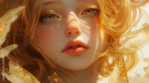 Golden-haired girl, sunlit face, aquatic background, fantasy art
