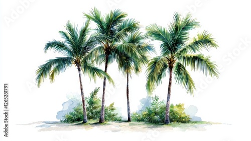 A serene scene featuring four lush palm trees against a bright background, evoking tropical vibes and tranquility.