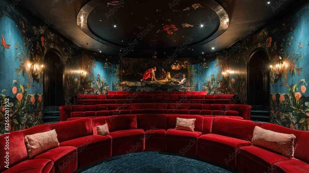 Obraz premium Luxurious red velvet cinema seating, ornate wall d?cor, and artistic painting in a private home theater