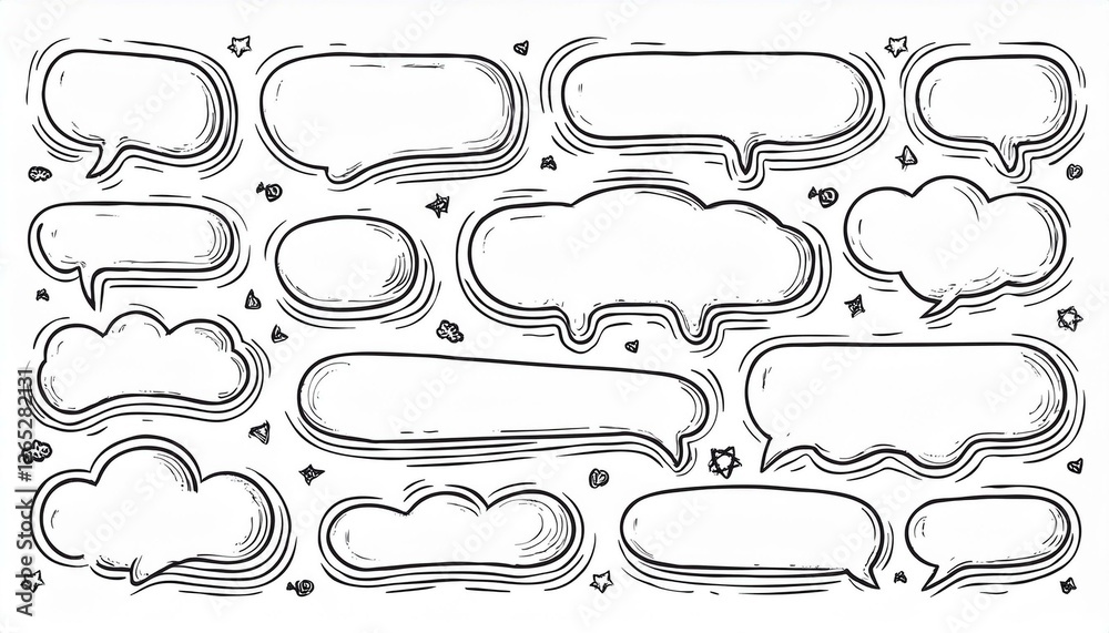 Obraz premium Balloon text frame decoration set. Simple hand drawn pen line speech bubble, cloud, balloon frame for text border. Doodle elegant dialog bubble, title headline. perfect any project Generative AI