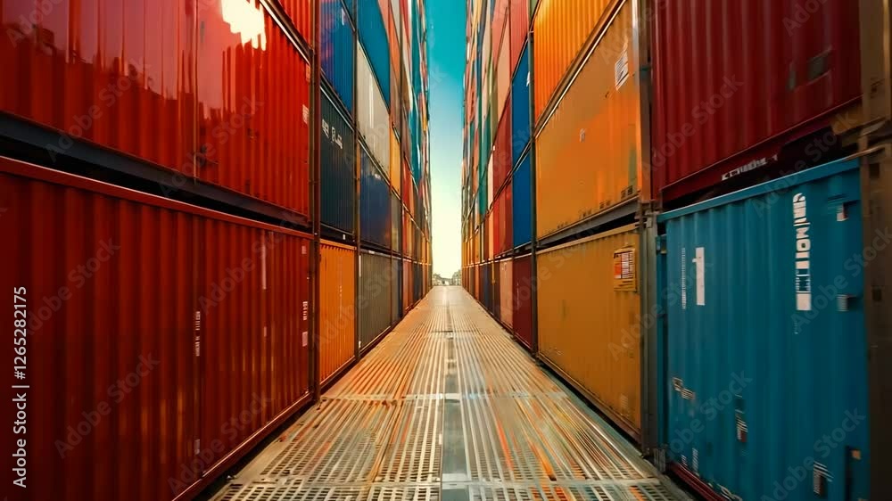 Colorful shipping containers stacked in a symmetrical pattern at a ...