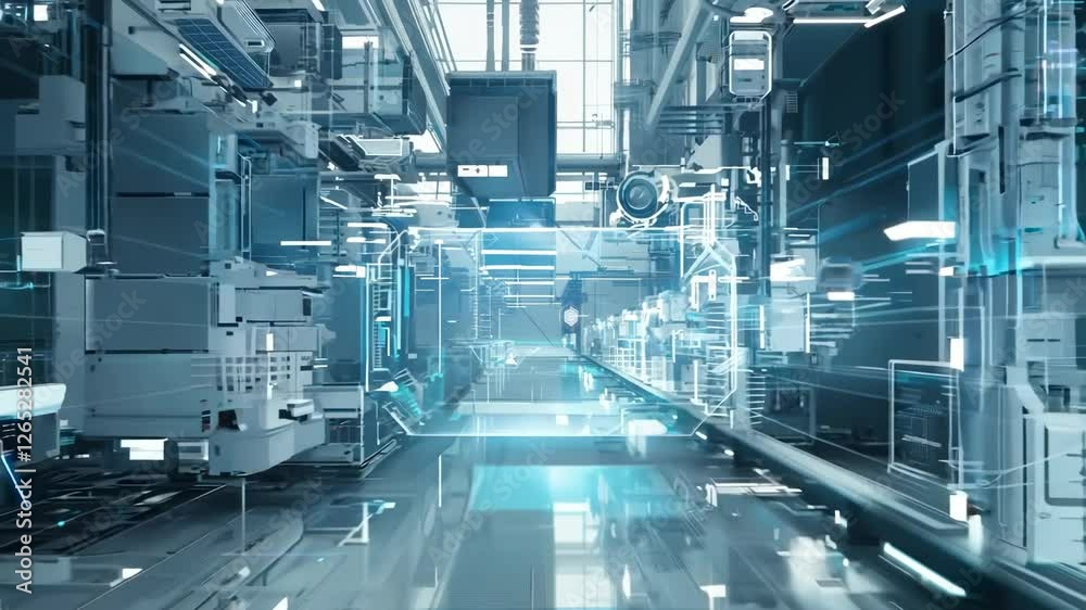 Futuristic high-tech factory interior with advanced robotic systems and glowing digital interfaces. Sci-fi industrial corridor with cybernetic technology, automation, and artificial intelligence