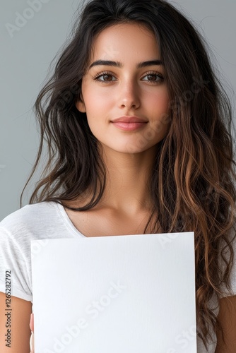 A woman is shown holding a blank A1 poster mockup against a gray background