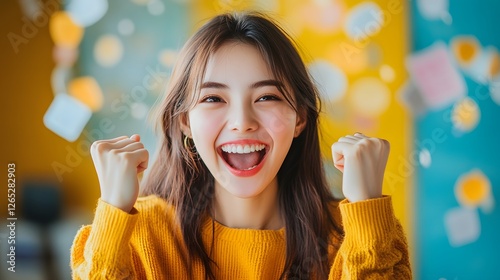 excited young asian girl holding prize check with joyful expression celebrating lottery win and big cash money jackpot success