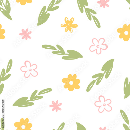 Colorful hand drawn flowers and leaves create a light and cheerful seamless pattern design. vector illustration
