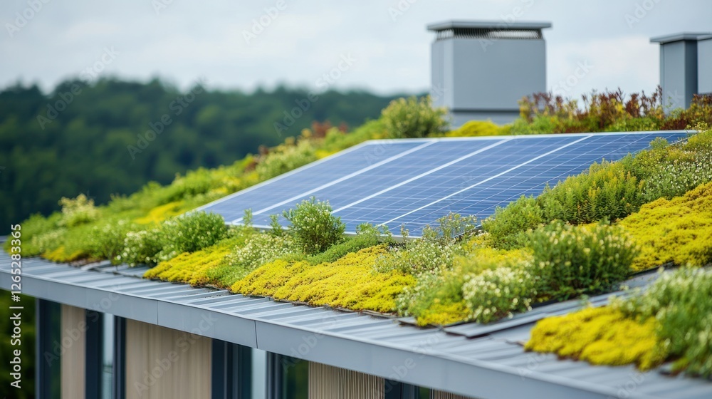 Fototapeta premium Green roof solar panels, eco-house, forest