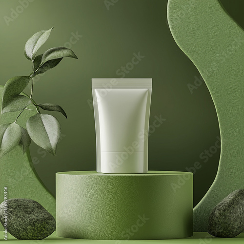 Mockup of White Mylar Bag on Podium for Product Display on Green Background photo