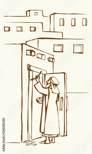 Vector drawing. The family fulfills God's command. Anoints the doorposts with the blood of the lamb