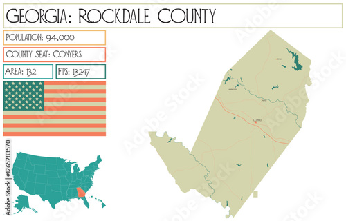 Large and detailed map of Rockdale County in Georgia USA.