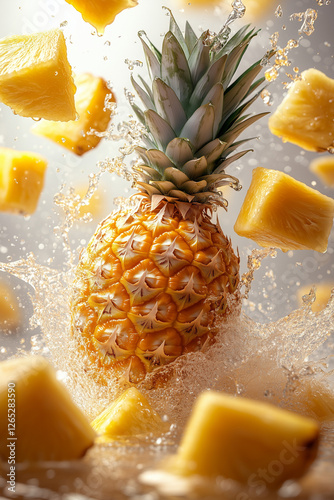 vibrant, ultra-realistic pineapple splashes into water, surrounded by fresh, juicy pineapple chunks in motion. The golden fruit contrasts with the crystal-clear droplets, creating a dynamic and refres photo