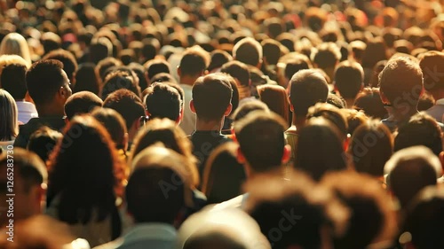 Large crowd of people seen from behind in a public gathering. Urban population, diversity, social movement, and community concept. Warm sunlight highlights the density of the crowd