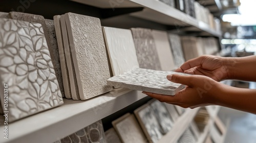 Woman selects tile samples in store