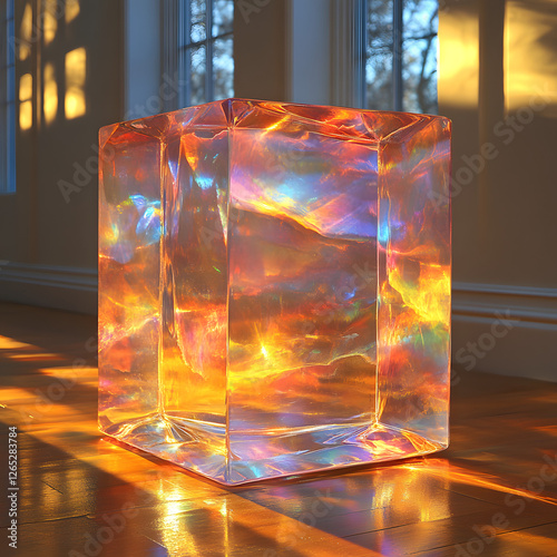 a glass cube with a colorful pattern on it photo