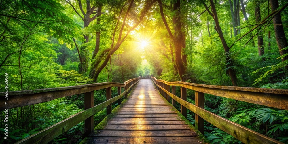 Fototapeta premium Wooden Footbridge Path in Forest - POV Landscape Photography