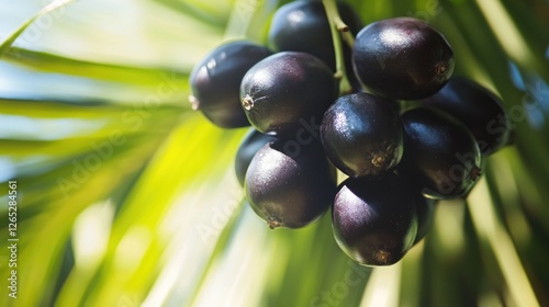 Ripe Jambolan fruits on tree, sunny day