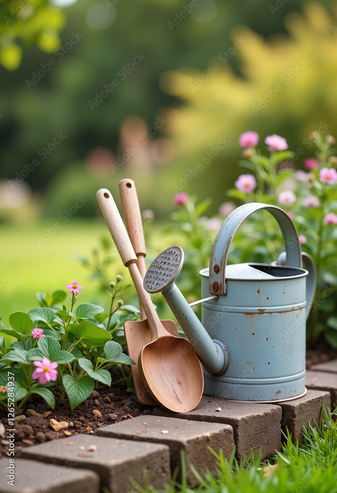 Rustic gardening tools beside flowerbed in backyard, nature's beauty Rustic gardening tools beside flowerbed in backyard, nature's beauty