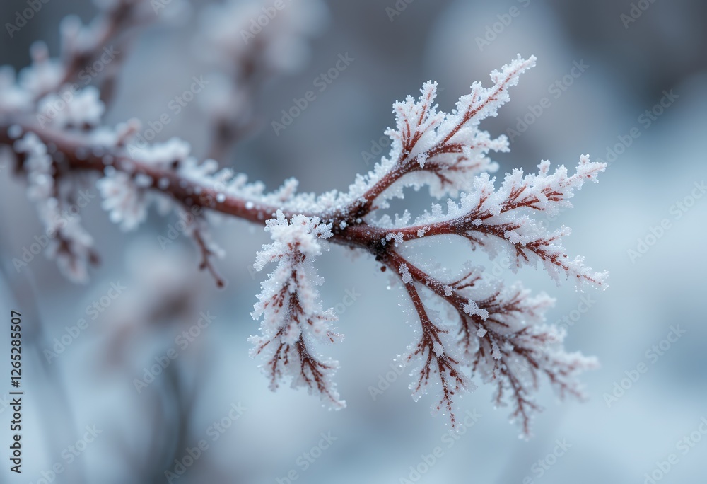 Delicate frost crystals adorn a bare branch against a softly blurred winter backdrop Delicate frost crystals adorn a bare branch against a softly blurred winter backdrop