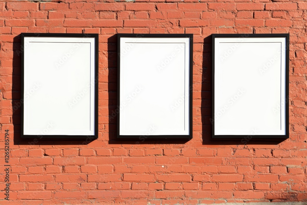 A framed poster mock-up, including three blank picture frames on a brick wall, is set against a background that looks like a stone wall A framed poster mock-up, including three blank picture frames on a brick wall, is set against a background that looks like a stone wall
