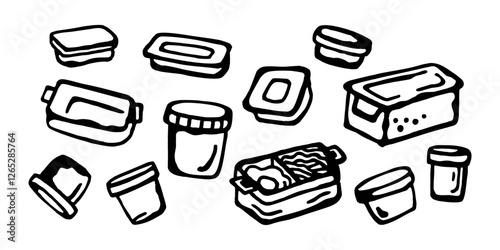 
Banner with drawn black and white food containers of different shapes and masses. Chaotically placed on a horizontal white isolated background