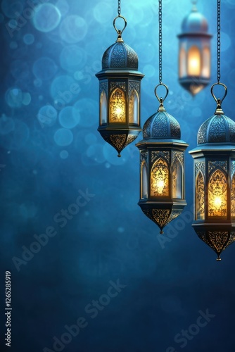 Ramadan Mubarak background with hanging lanterns, solid blue backdrop with ample copy space in the middle, eid mubarak muslim islamic wallpaper