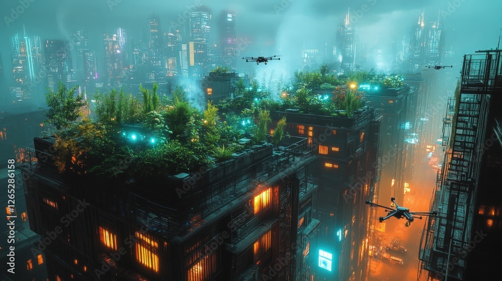 Fototapeta premium Futuristic cityscapes, rooftop gardens, drones flying